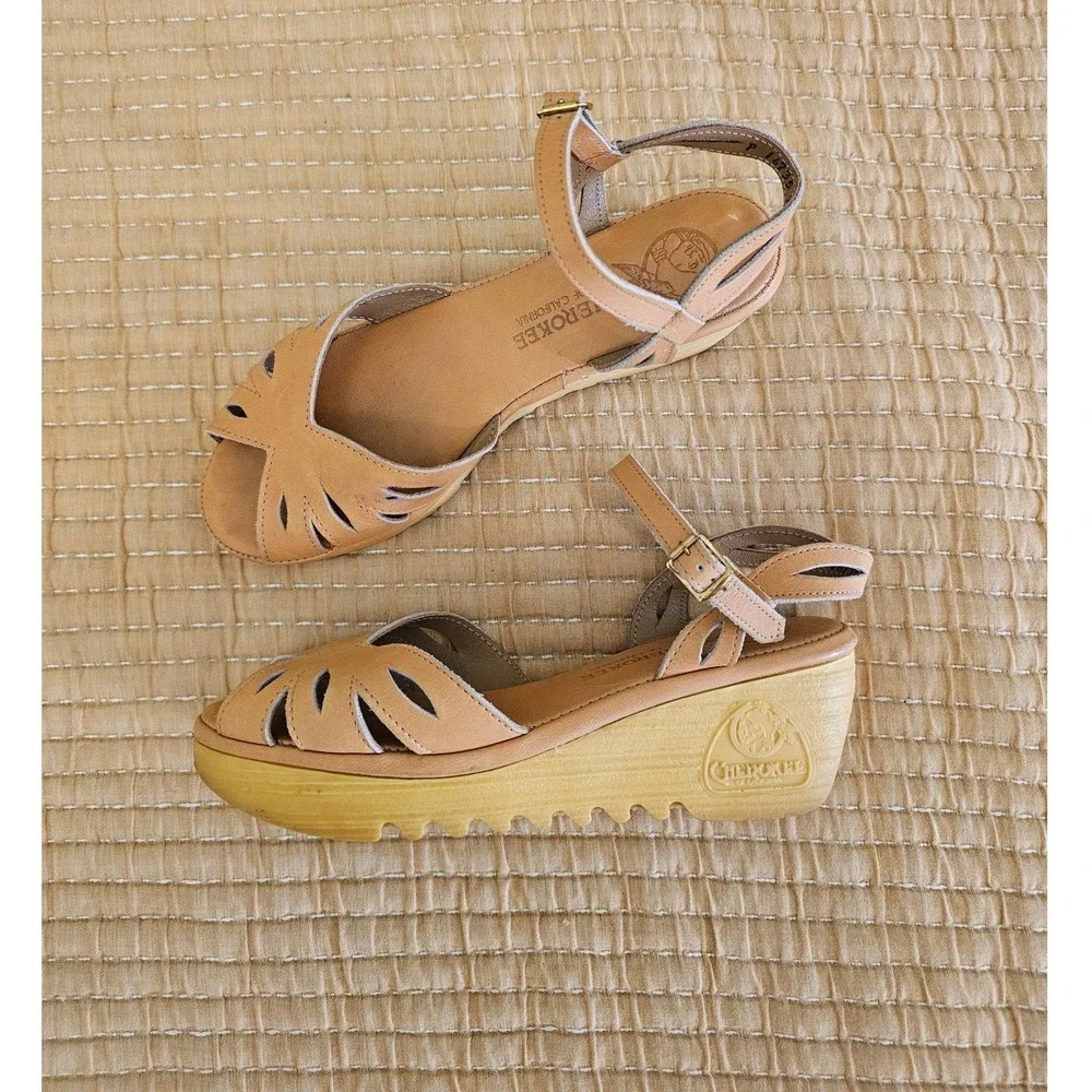 Cherokee of California Vintage 70s Tan Leather Platform Wedge Sandals Womens 7 - Picture 1 of 8